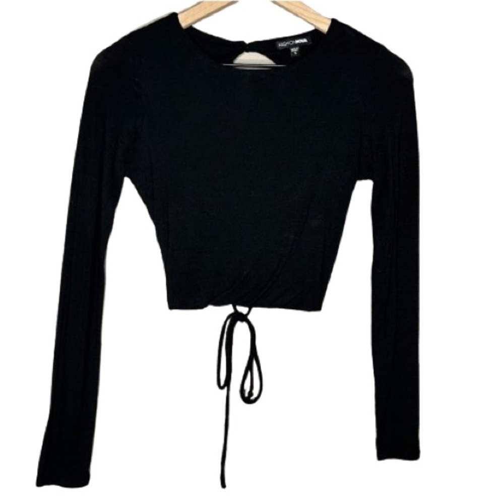 Women's S Fashion Nova Black Crop Open Tie Up Back Long Sleeve Scoop Neck